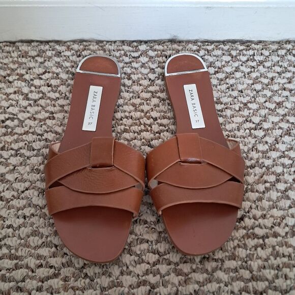 Zara Basic Sandals Sliders Women's 37 7 Brown Braided Classic Summer Beach - Picture 1 of 11